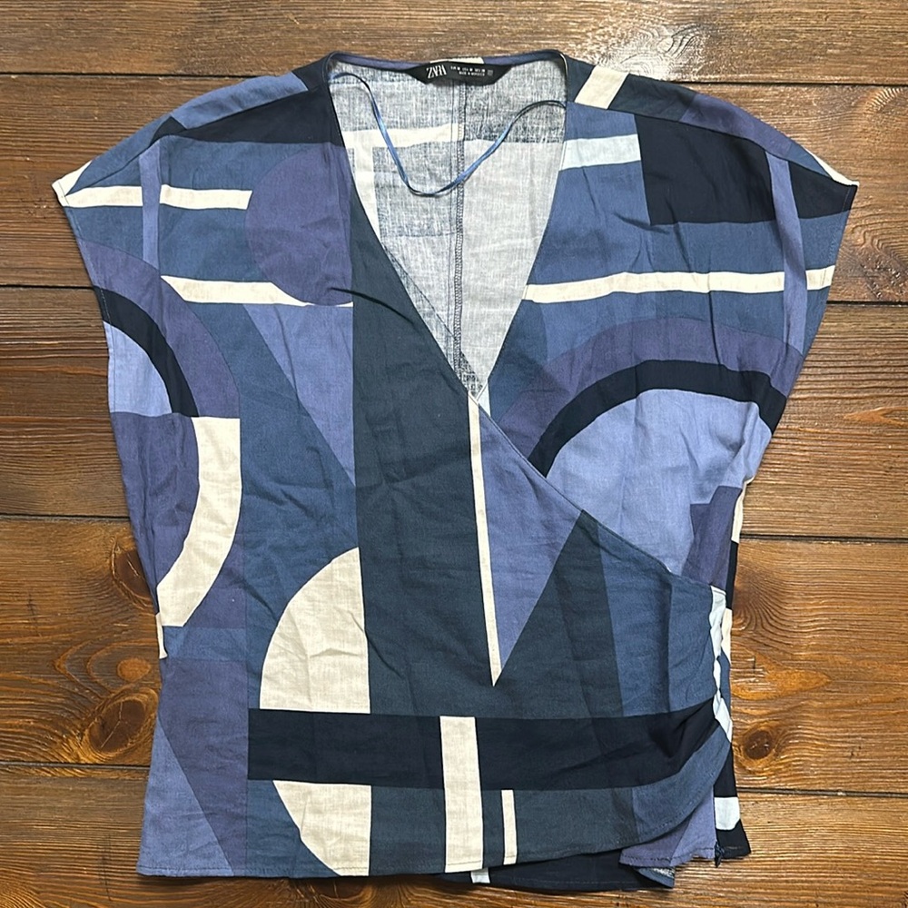 Zara Linen Blend  Geometric Printed Blue Top Blouse M